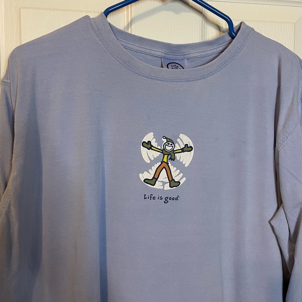 Life is Good. Long sleeve light blue classic tee w/ snow angel graphic sz L - Picture 2 of 7